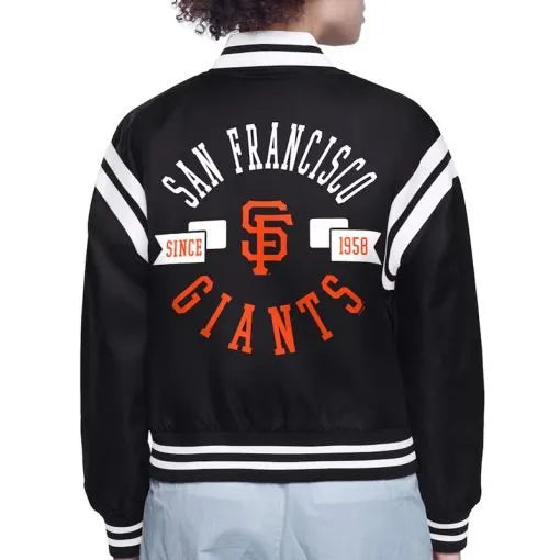 Black satin varsity jacket with San Francisco Giants graphics in USA