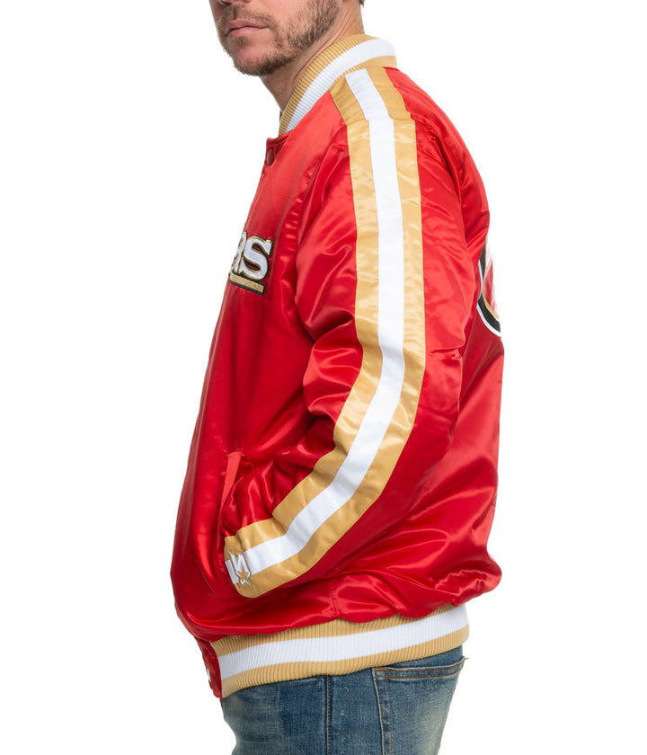 San Francisco 49ers red satin jacket with team logo in American style