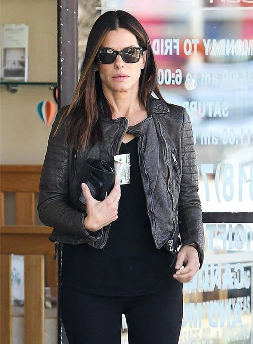 Sandra Bullock wearing a stylish leather jacket in USA