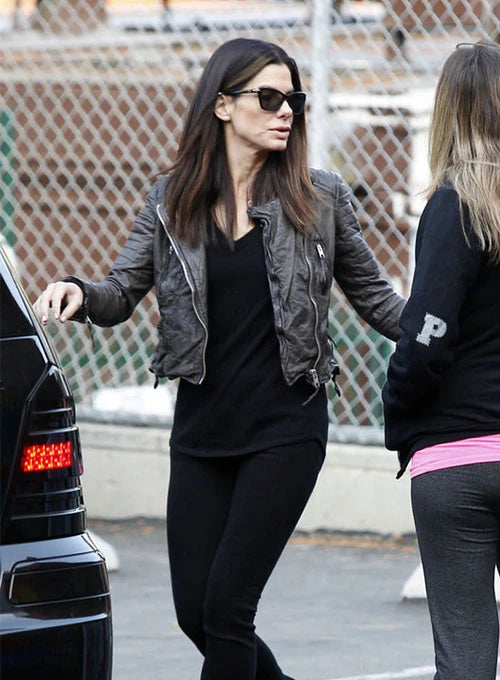 Black leather jacket worn by Sandra Bullock in France style