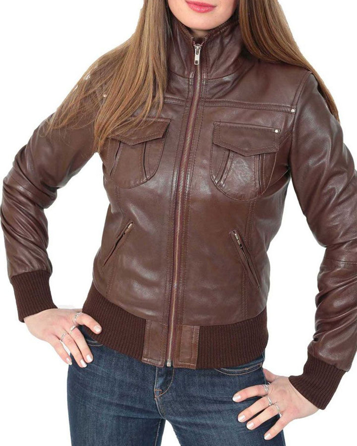 Women's Classic Bomber Real Leather Jacket by TJS in USA