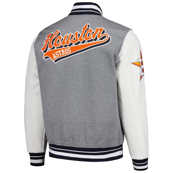 Gray and white jacket with 'Houston Astros' text on the back, on a white background