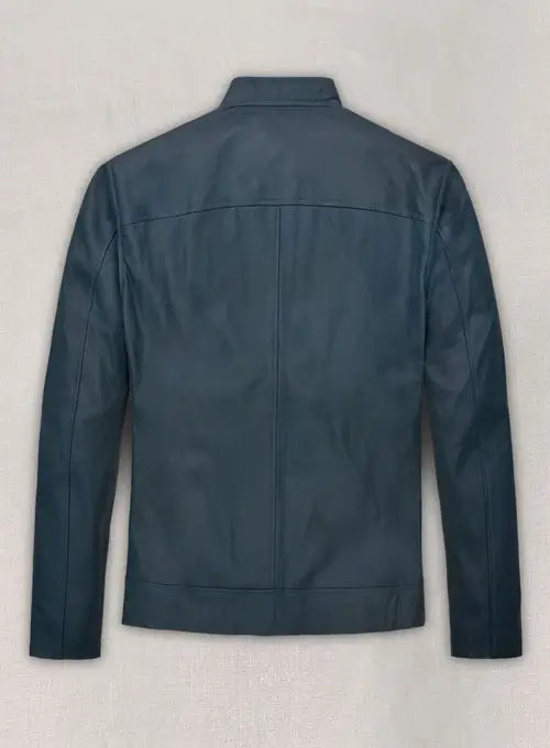 Front View of Soft Winsor Blue Michael Fassbender Leather Jacket in France style