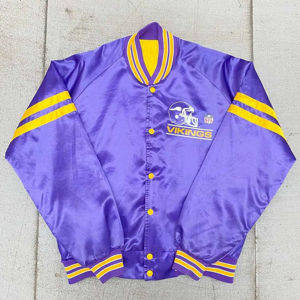 Front view of 1980s Minnesota Vikings Spellout bomber jacket

