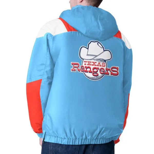 Blue jacket with 'Texas Rangers' logo on the back