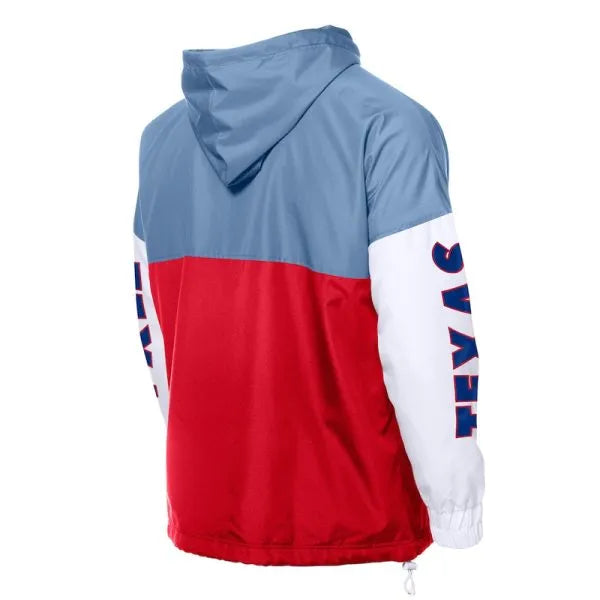 Color-blocked jacket with red, blue, and white sections on a white background