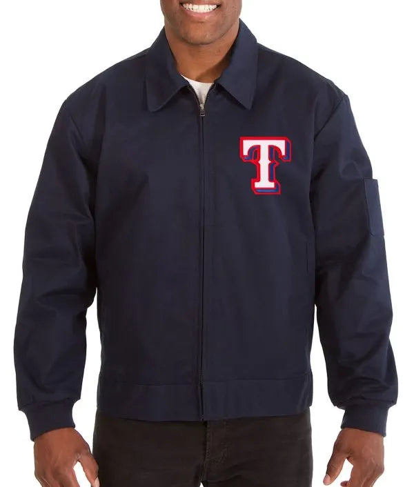 Navy jacket with a logo on a white background in USA