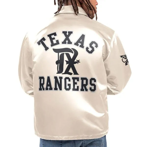 Beige jacket with 'Texas Rangers' logo on the back, worn by a person.