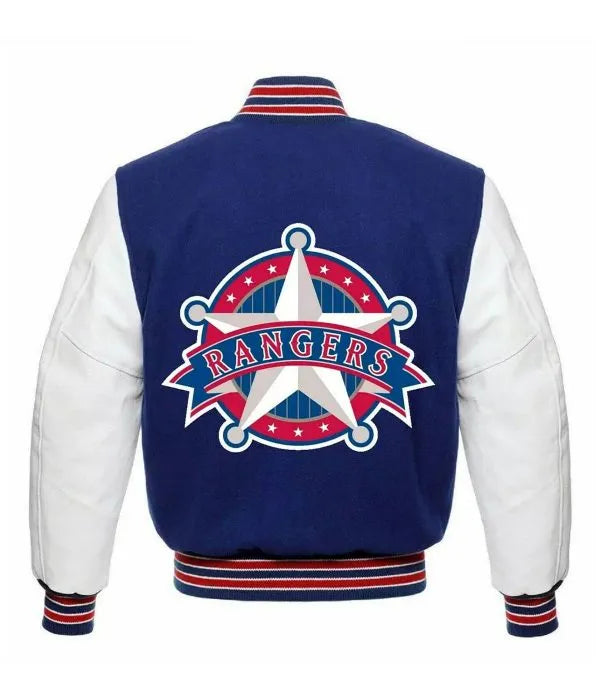 Blue and white varsity jacket with 'Rangers' logo on the back in American Style