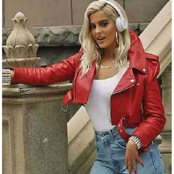 Bebe Rexha red cropped leather jacket front view in USA