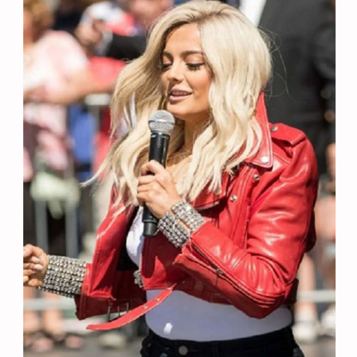 Celebrity leather jacket on model in France style