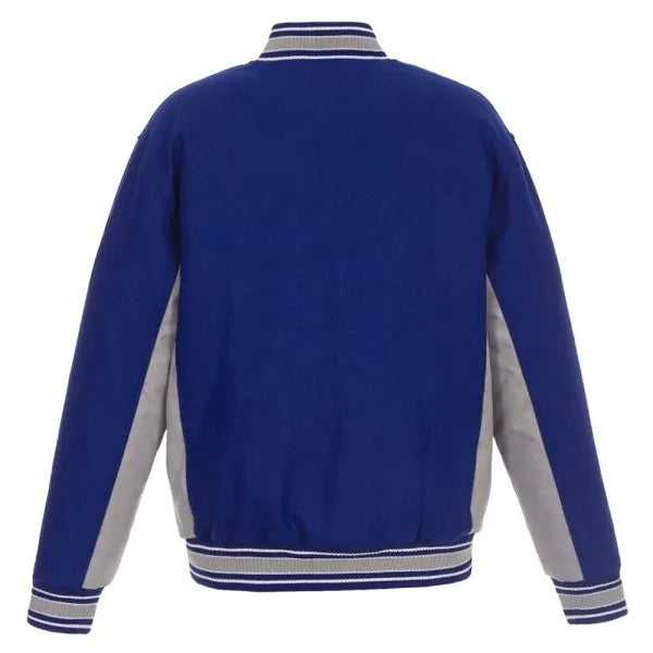 Blue varsity jacket with gray sleeves and collar on a white background