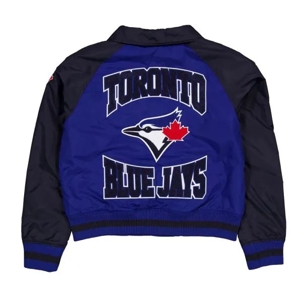 Blue and black jacket with Toronto Blue Jays logo on a white background in USA