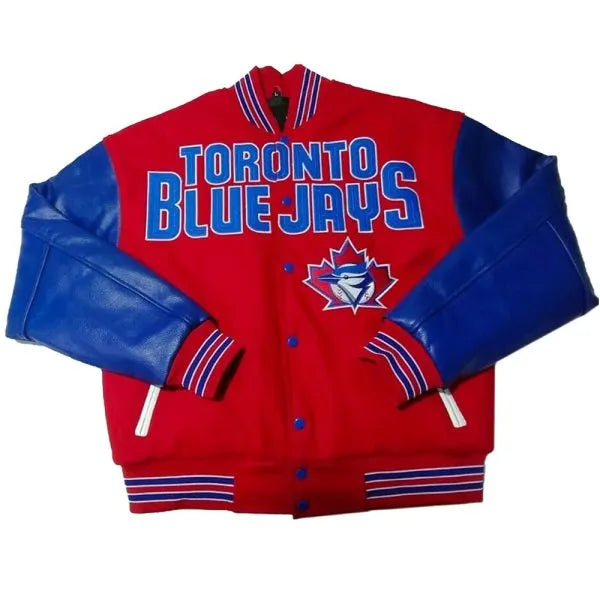 Red and blue jacket with 'Toronto Blue Jays' text and logo on a white background