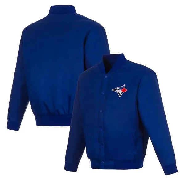Blue jacket with a logo on the chest, shown from front and back on a white background