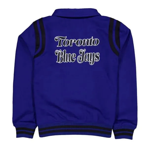 Blue jacket with 'Toronto Blue Jays' text on the back against a white  background in American Style