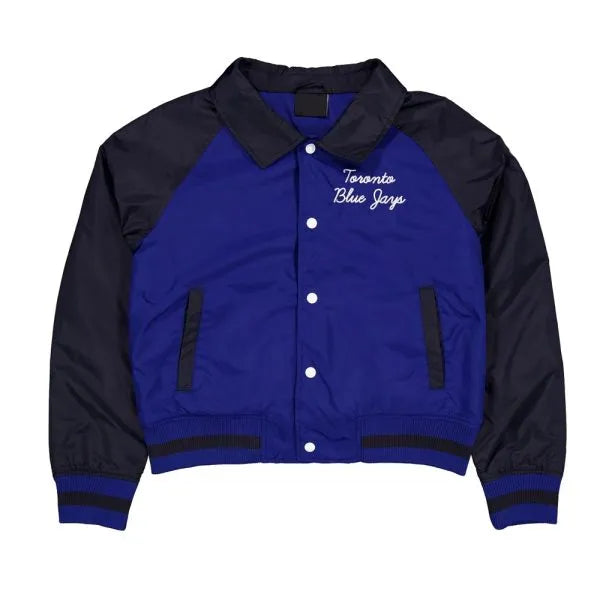 Blue and black varsity jacket with 'Toronto Blue Jays' text on a white background in USA