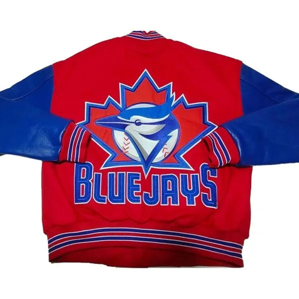 Red and blue jacket with 'Bluejays' logo on a white background