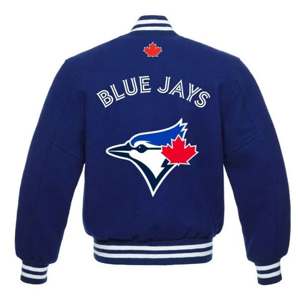 Blue sports jacket with 'Blue Jays' logo and text on a white background