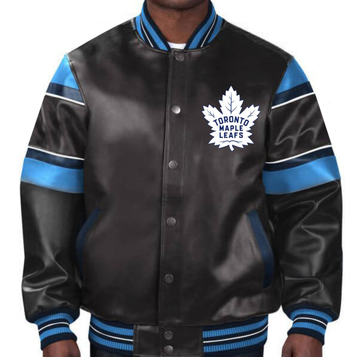 Toronto Maple Leafs blue leather jacket - team emblem detail in USA