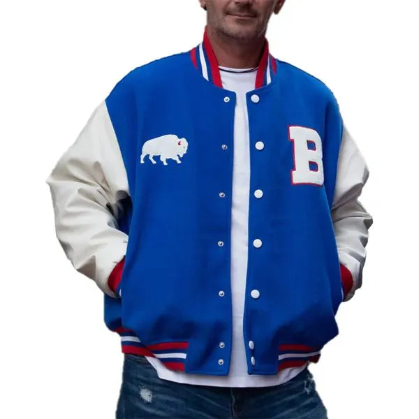 Buffalo Bills football jacket with snap-tab button closure and pockets