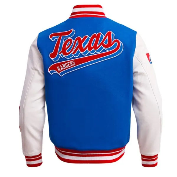 Blue and white jacket with 'Texas Rangers' text on the back, featuring red accents.