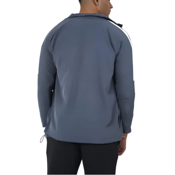 Man wearing a gray jacket on a white background