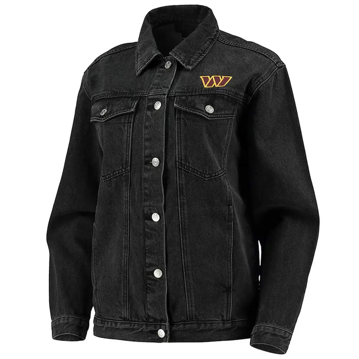 Washington Commanders black denim jacket front view

