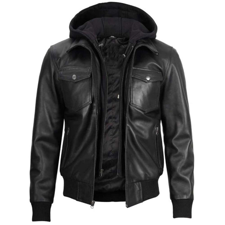 Black men's leather bomber jacket with hood in USA