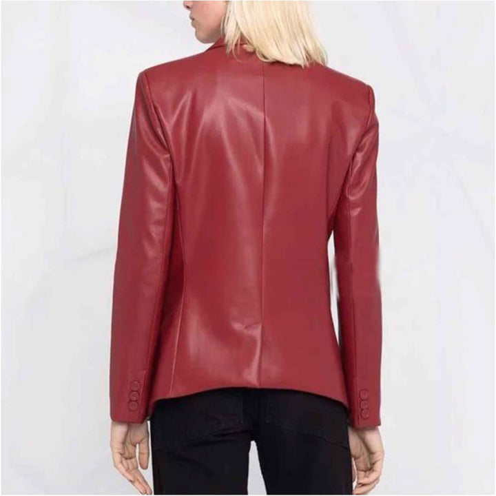 Stylish slim fit red leather blazer for women by TJS in United state market