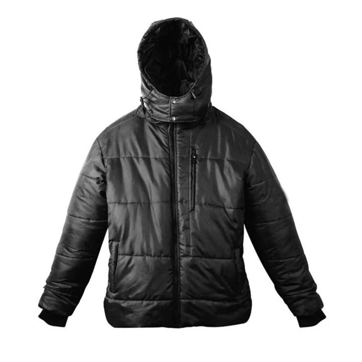 Black puffer jacket with hood for men in France style