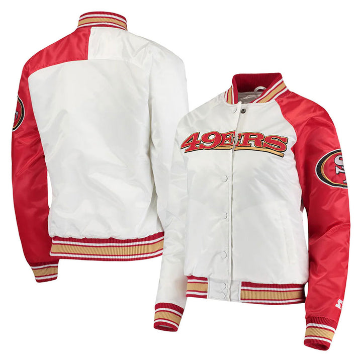 49ers WhiteRed Satin Jacket with team logo in UK style