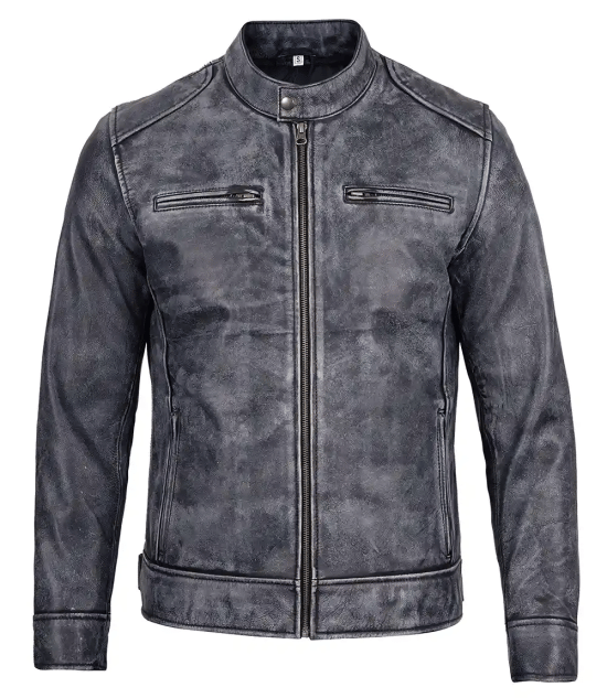 Black and white waxed leather jacket with racer style for men in United State Market