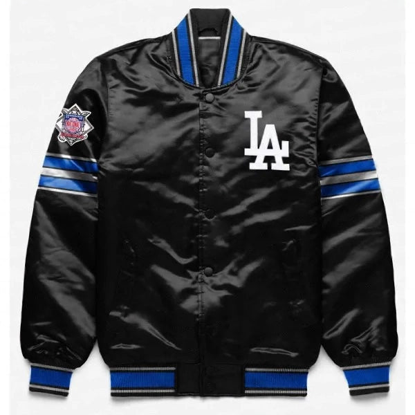 Los Angeles Dodgers black satin jacket front view

