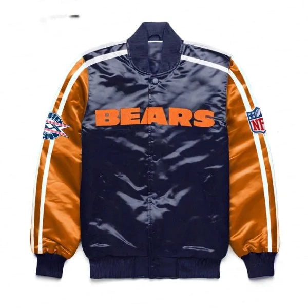 Chicago Bears striped satin jacket with NFL logos

