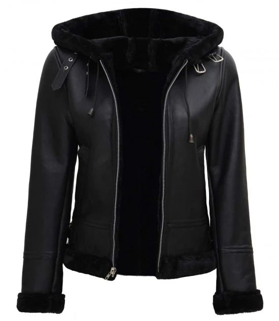 Black faux shearling bomber jacket for women in France style