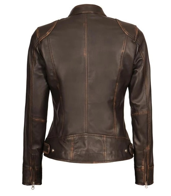 Trendy women's brown rub off jacket in American style