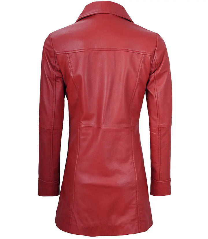 Kandis red real leather car coat with button detail in American style