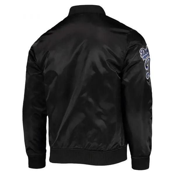 Full-snap button front closure of Dodgers satin bomber

