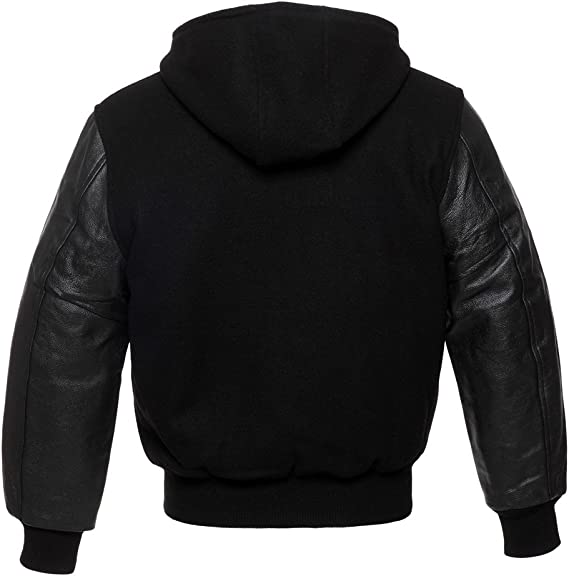 Durable Hooded Varsity Bomber Jacket in Wool and Leather in USA