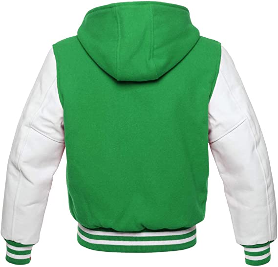 Fashionable Hooded Varsity Bomber Jacket with Wool and Leather in USA