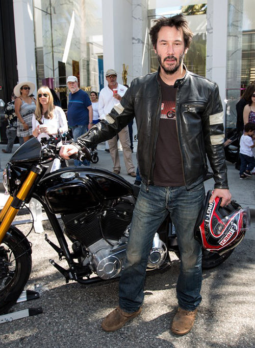 Keanu Reeves in motorcycle leather jacket in USA