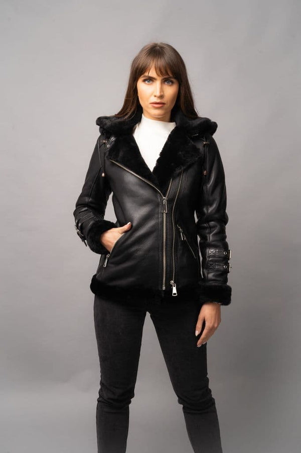 Women Black Hooded Faux Shearling Leather Jacket