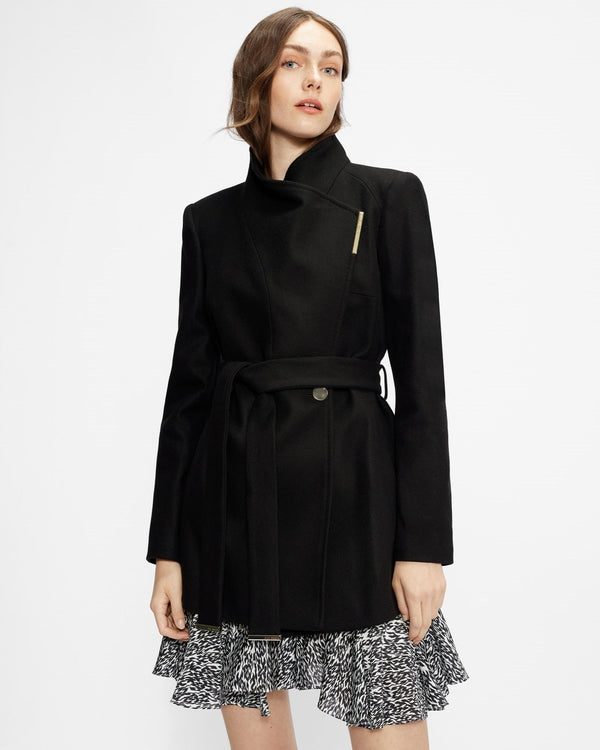 Women's Wrap Short Style Black Wool Coat