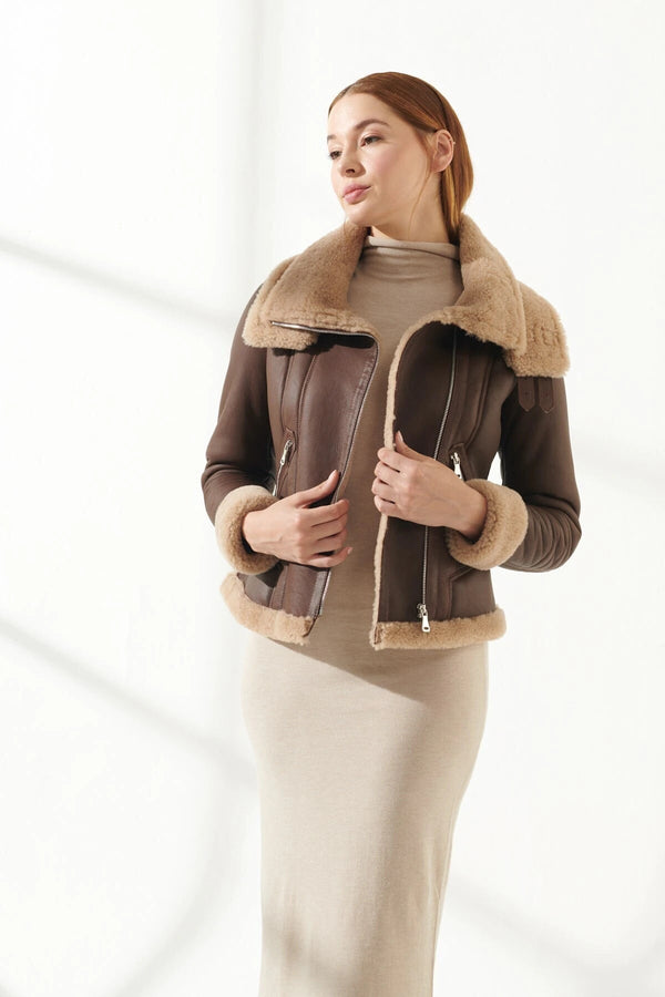 Women cropped Faux Fur Shearling Bomber Brown Leather Jacket By TJS