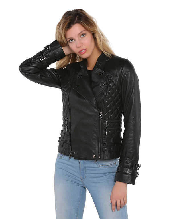 Women Biker Leather Jacket  in Black By TJS