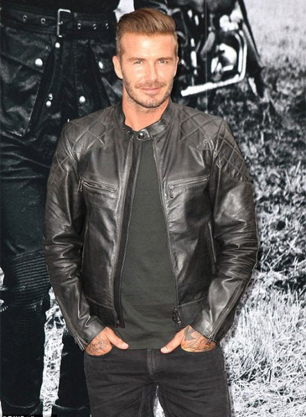 David Beckham's fashion-forward black leather jacket in American style