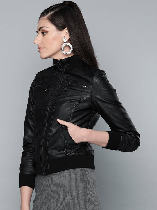 Black bomber biker jacket for women