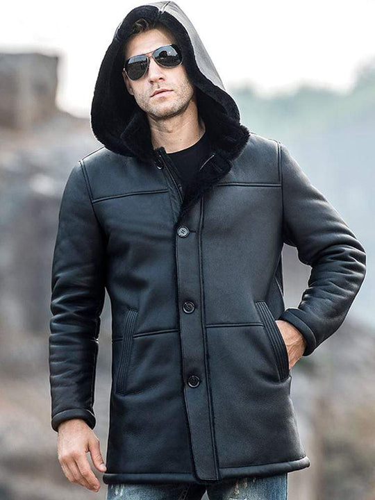 Men's Trench Shearling Hooded Style Leather Coat in USA
