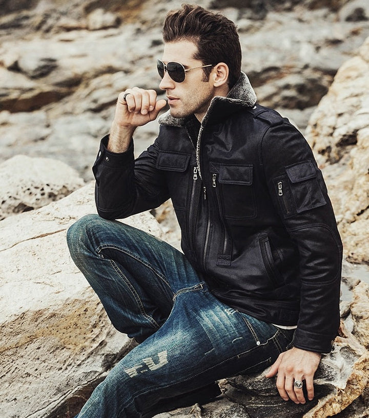 Black original sheep skin leather jacket for men in USA